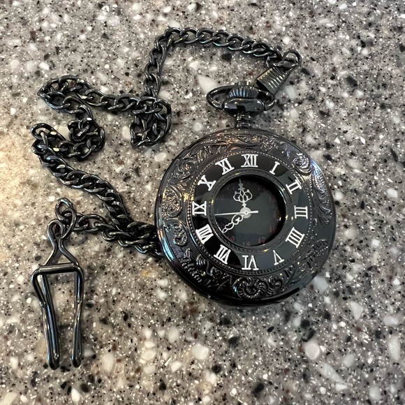 Other - Black Pocket Watch with Chain, plastic still on face never used